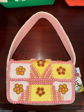 Pink & Yellow Beaded Floral Shoulder Bag